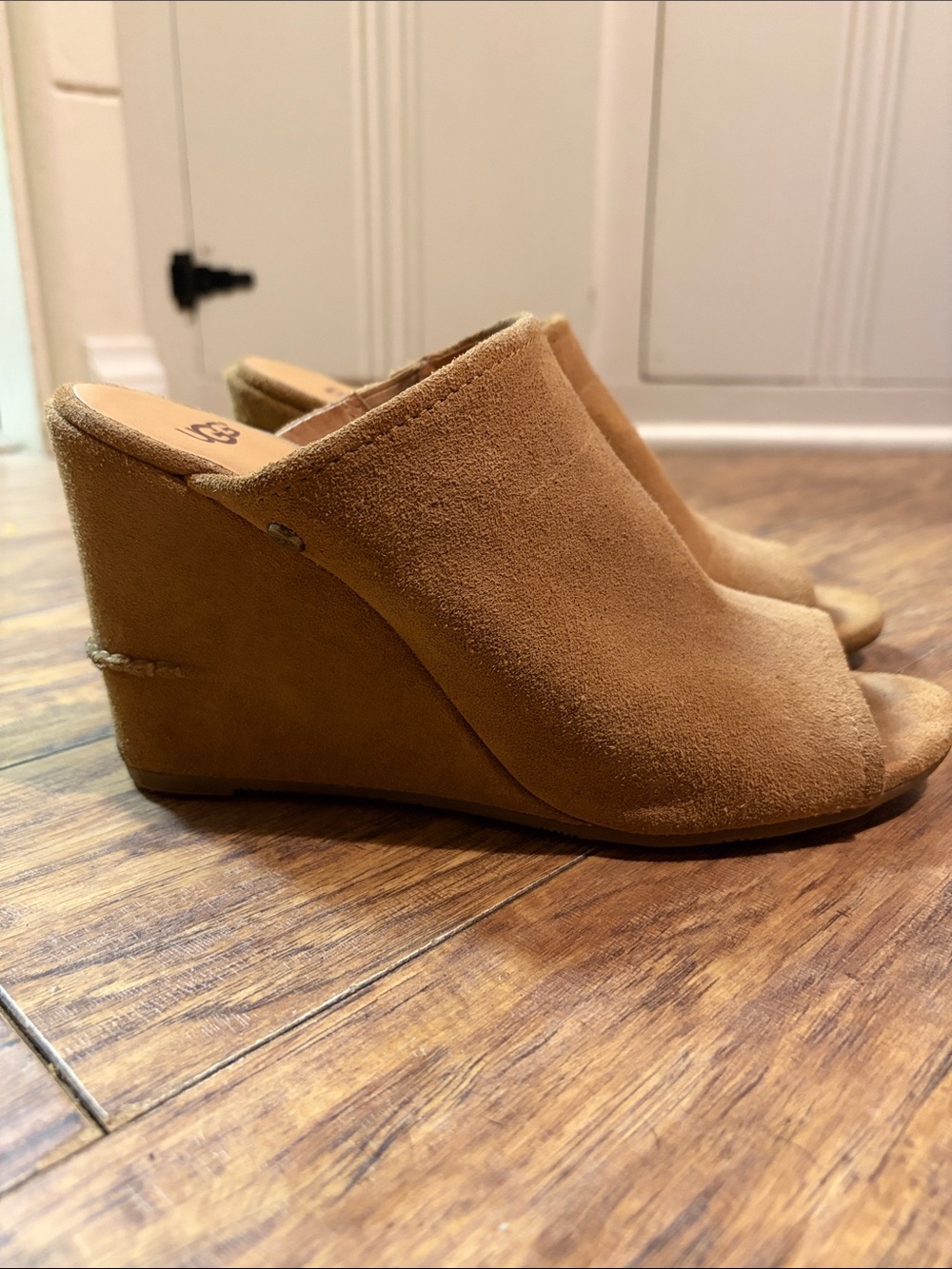 UGG Tan Suede Peep-Toe Wedge Mules